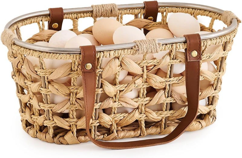 LGENHOOM Egg Baskets for Collecting Fresh Eggs Farmhouse Handmade Wicker Hyacinth Egg Collecting Basket with Handle - Image 1